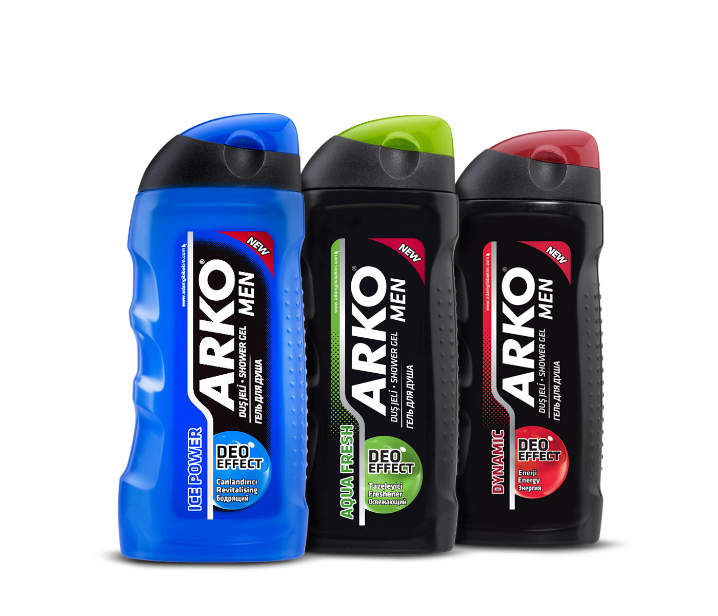 Arko Men shower gels in blue, green and red