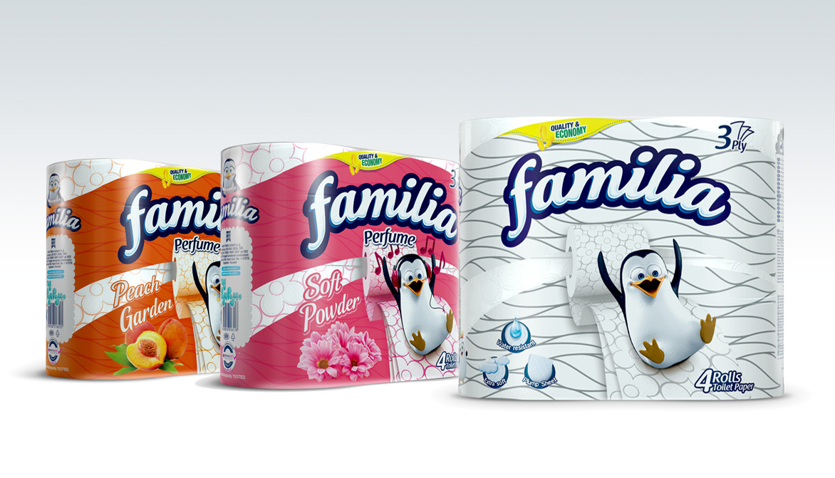Familia packs in orange, pink and white with a penguin