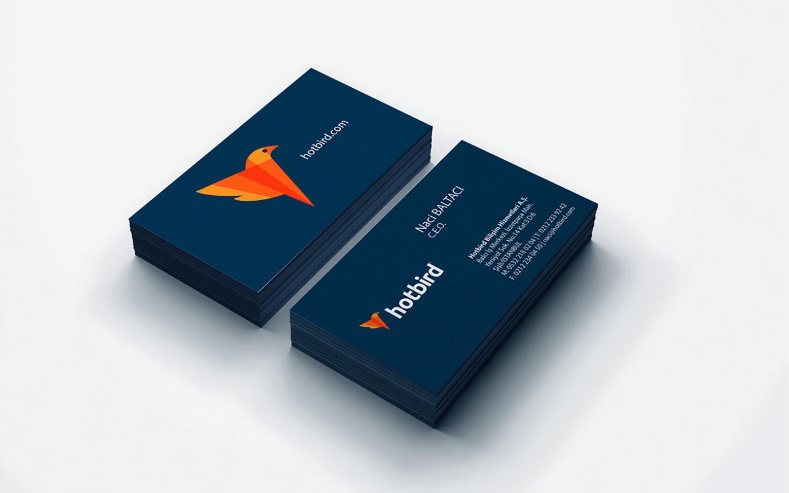 Hotbird business cards in navy with the bird