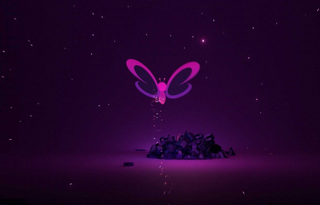 A glowing pink butterfly above a dark mound, in a starlit violet scene
