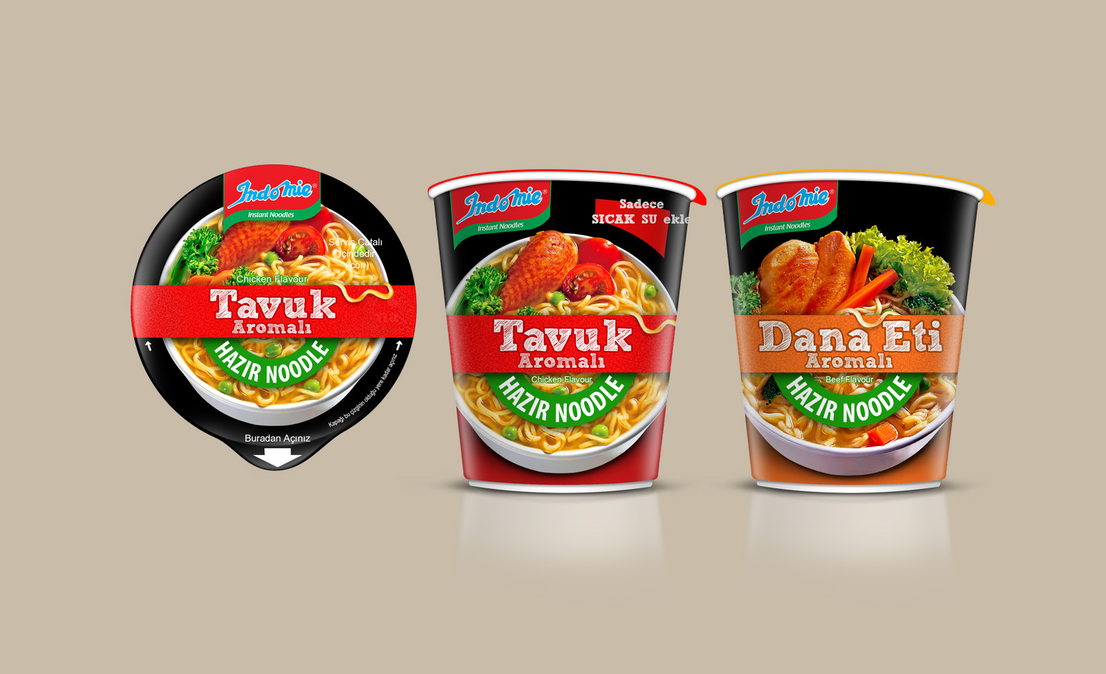 Indomie cups in chicken and beef