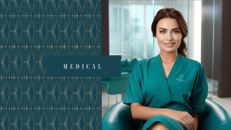 Medical: deep teal pattern beside a clinician in teal scrubs