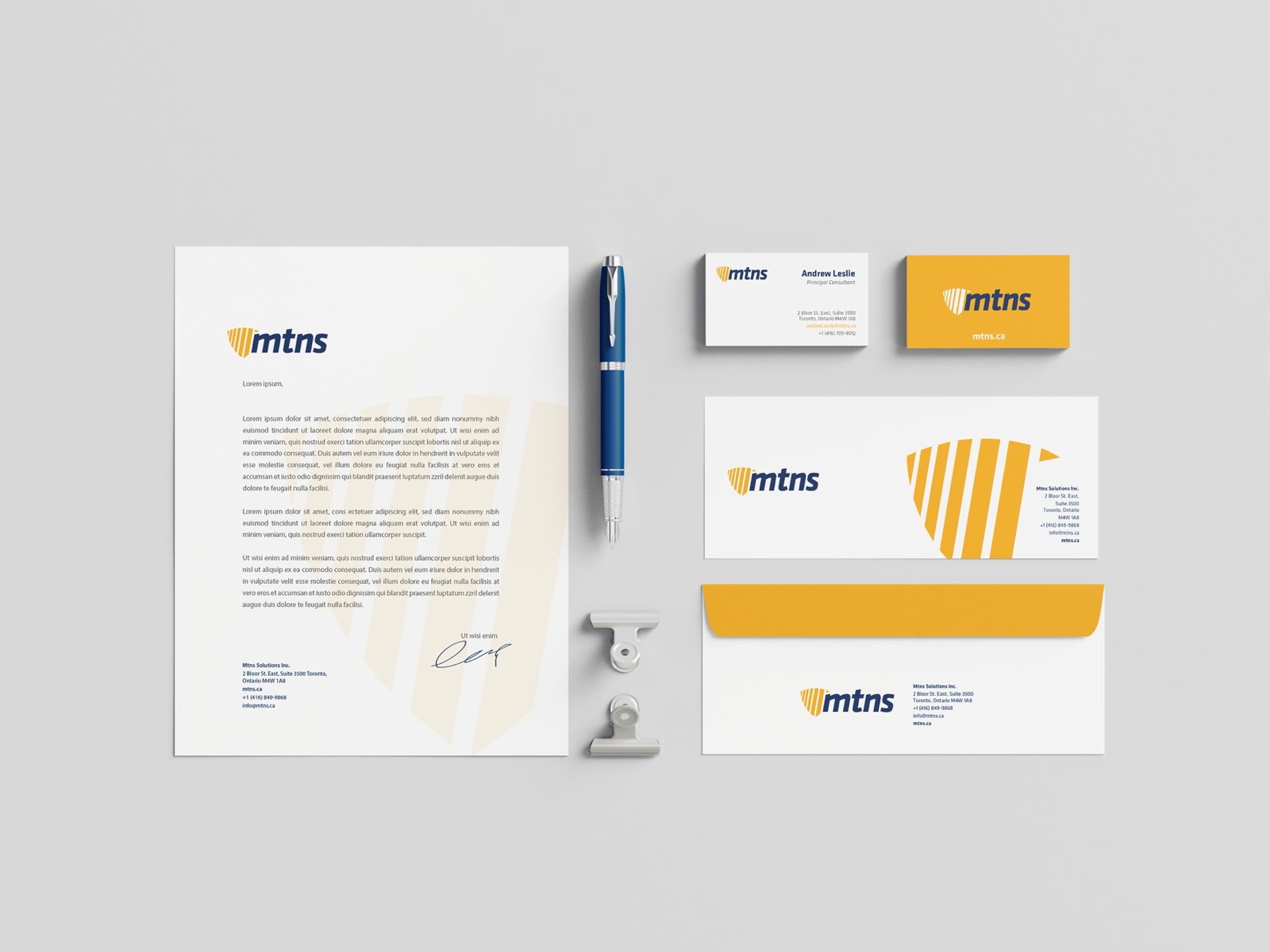 MTNS stationery: letterhead, cards and envelope with the shield
