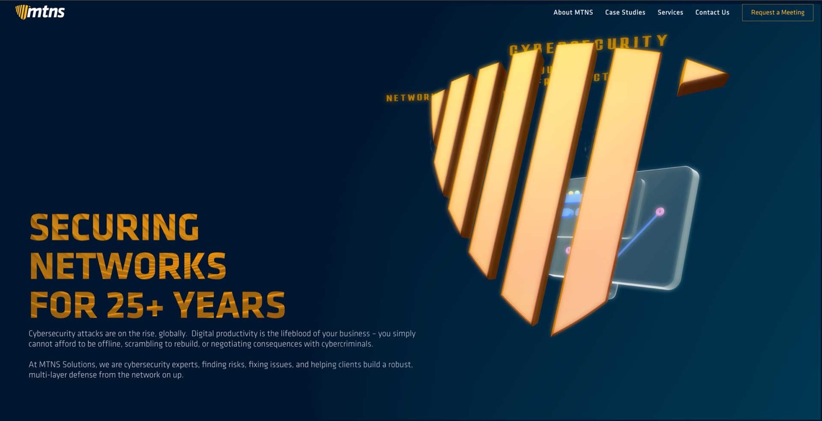 The MTNS website: Securing networks for 25+ years beside a 3D amber shield