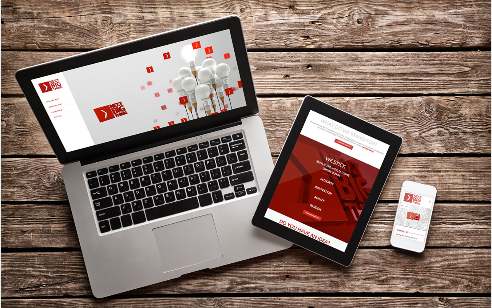 The Next Big Thing website on a laptop, tablet and phone
