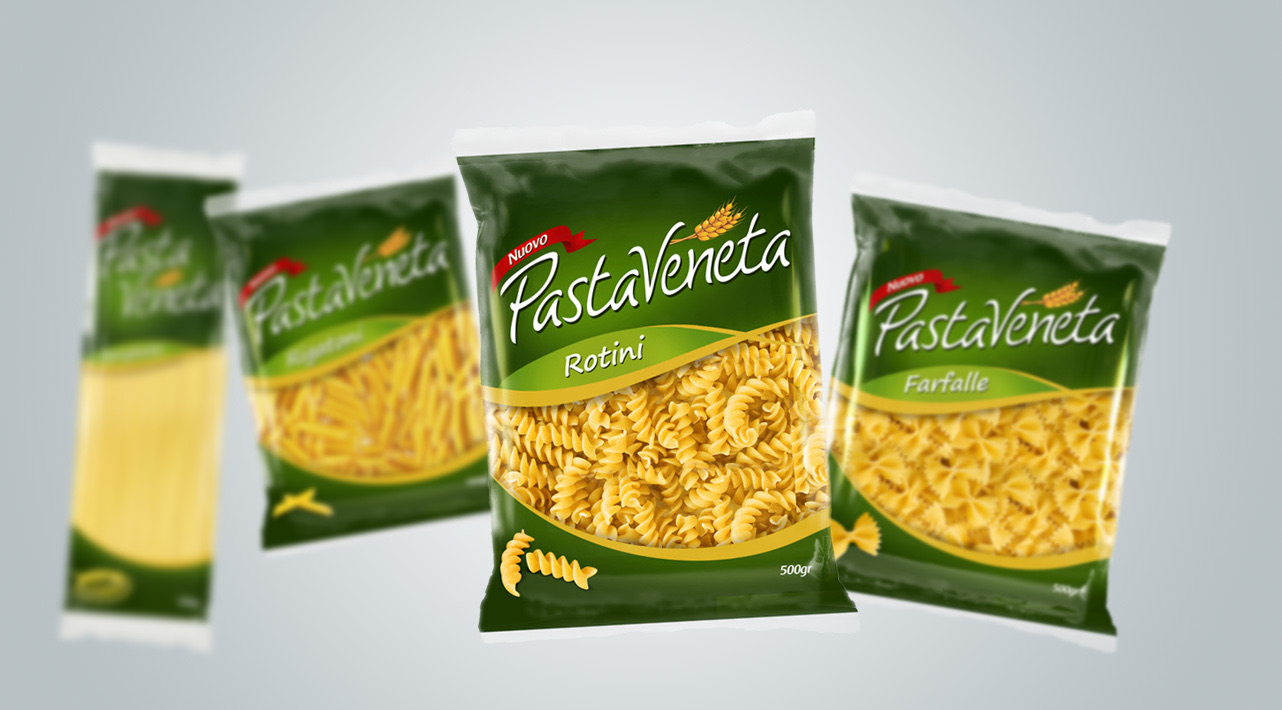 Pasta Veneta packs: spaghetti, rotini and farfalle in deep green bags with a clear window