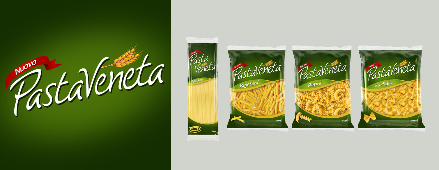 The Pasta Veneta logo on green beside four packs of the range