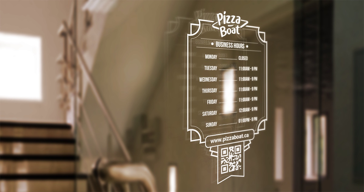 Opening hours etched on the glass door