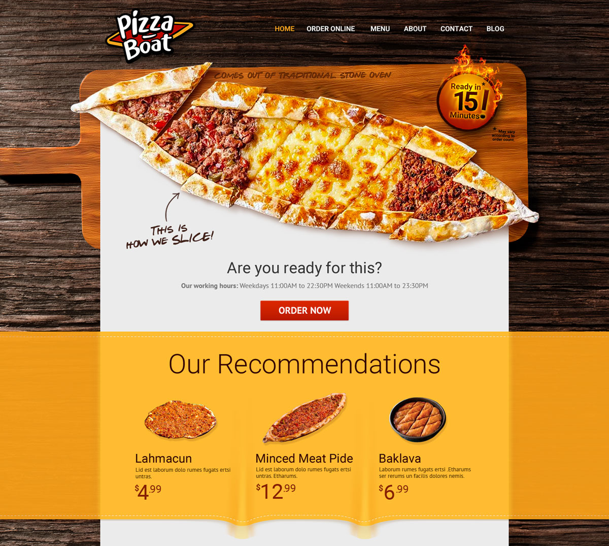The Pizza Boat website with a pide on a board