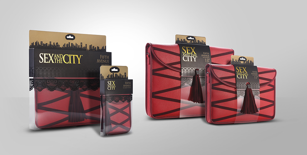 Sex and the City bags in red with gold and black header cards