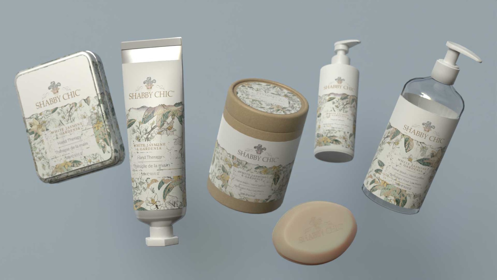 Shabby Chic White Jasmine and Gardenia: tin, tube, drum, pump bottles and soap