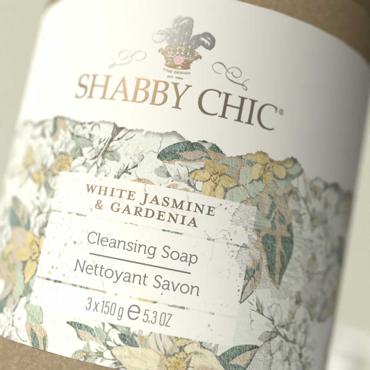 A Shabby Chic White Jasmine and Gardenia label, close up
