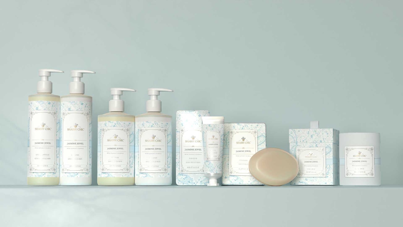 Shabby Chic Jasmine Jewel lineup on a shelf