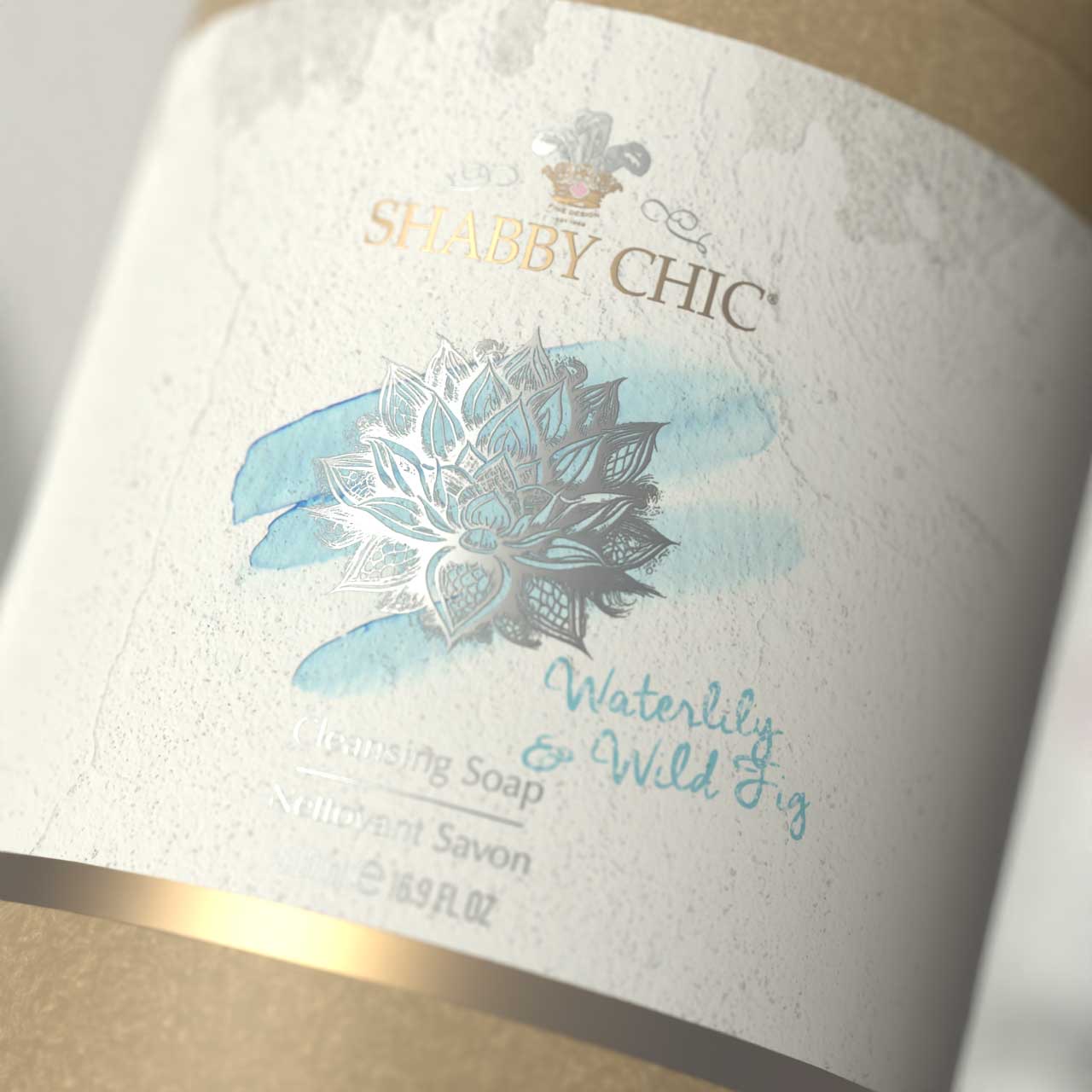 Concept two: a waterlily painted in watercolour on a canister label