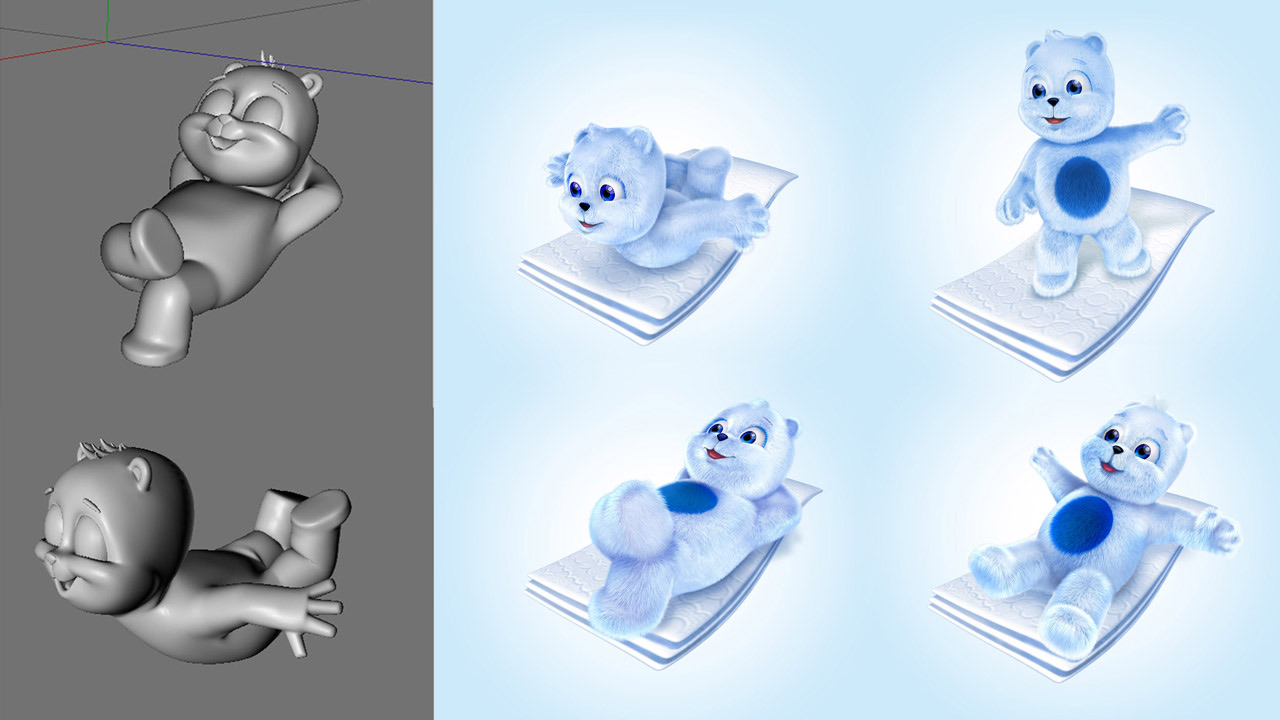 The Teno bear: grey 3D models beside the finished blue renders