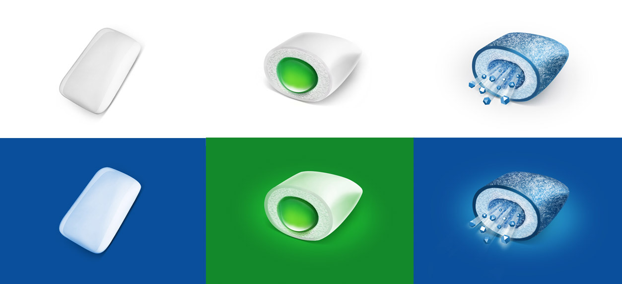 Six illustrations of chewing gum pieces: a plain tablet, a liquid centre and an ice crystal piece, each on white and on colour