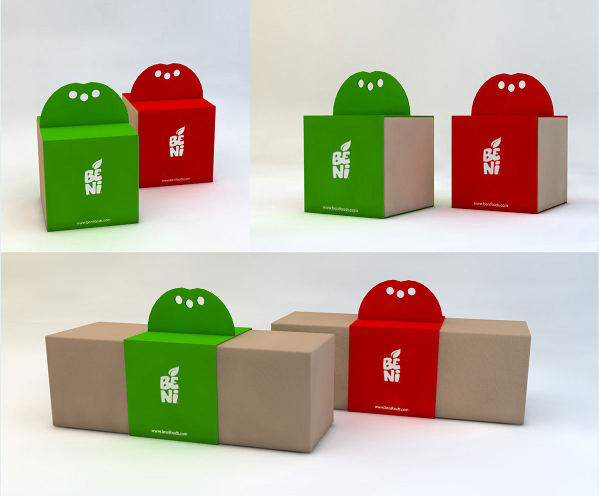 Beni carrying boxes in kraft with green and red bands that rise into a rounded tab with three holes