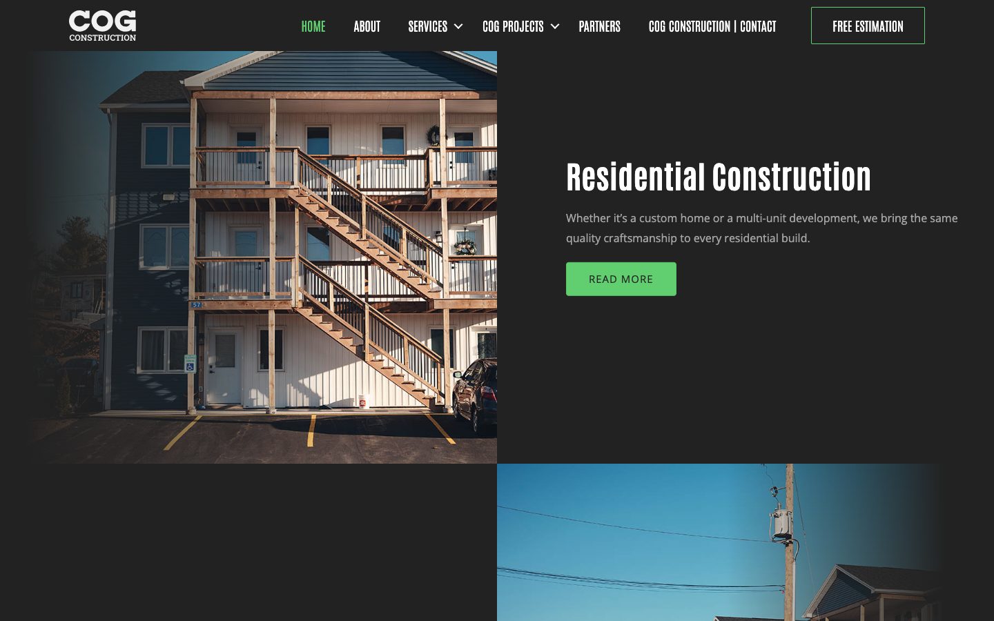 The Residential Construction section: a multi-unit building beside a condensed headline and a green button