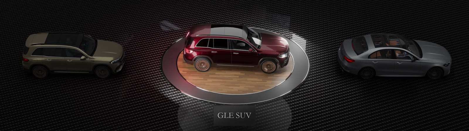 Vehicle select: three models seen from above, the chosen one on the turntable